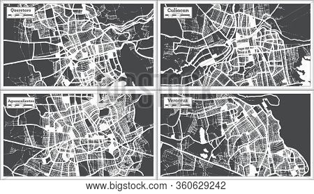 Aguascalientes, Culiacan, Veracruz and Queretaro Mexico City Maps Set in Retro Style. Outline Maps.