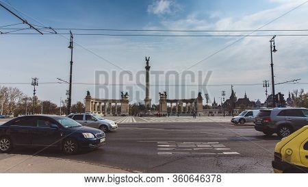 Budapest, Hungary - April 03, 2019: View From The Side Of Andrassy Street To Heroes Squar In Budapes