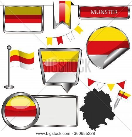 Vector Glossy Icons Of Flag Of Munster City, Germany On White
