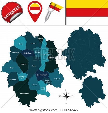 Vector Map Of Munster, Germany With Named Districts And Travel Icons