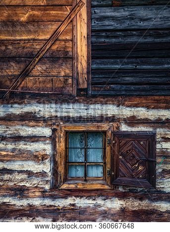 Old Wooden Traditional Window With Blue Glass