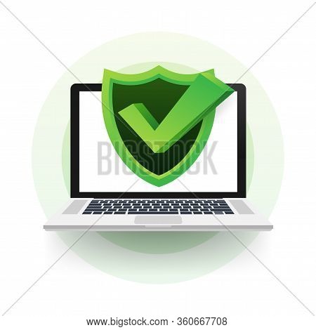 Data Protection On Laptop, Privacy, And Internet Security. Vector Stock Illustration.