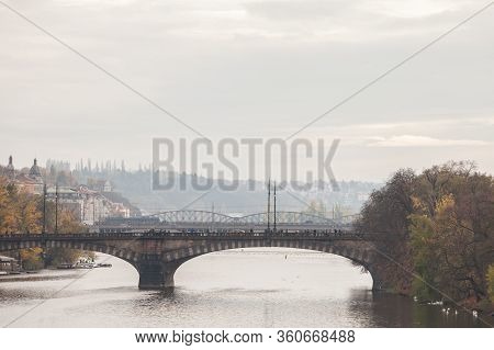 Panorama Of Prague, Czech Republic, Seen From The Vltava River, Also Called Moldau, With A Focus On 