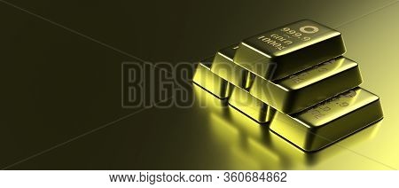 Gold Bars On Black Background, Copy Space. 3D Illustration