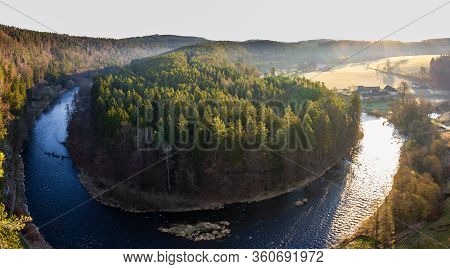 Vltava Horseshoe River Near Ruin Divci Kamen At Sunrise. Czech Republic