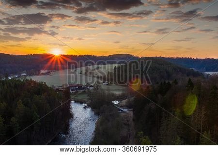 Nice Valley With Vltava River Near Ruin Divci Kamen At Sunrise. Czech Republic