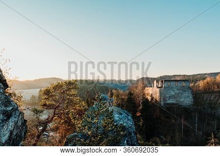 Old Gotic Ruin Divci Kamen With Rock And Tree At Morning Sunrise. Czech Republic