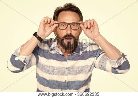 Man In Glasses With Shocked, Amazed Expression. Frustrated Bearded Young Handsome Man. Bearded Surpr