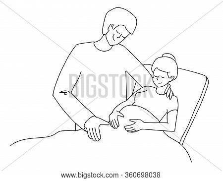 Pregnant Woman In Clinic. Birth Partner. Happy Fashion Family Couple Hugs. Emotional Support.black A