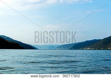 Landscape, Danube River And Mountains, Dubova Golf, Cazanele Dunarii, Romania.