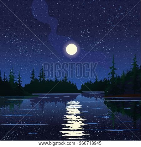 Night, Summer, Lake, Landskape, Moon, Stars, Sky.
