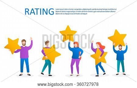 Different People Give Feedback Ratings And Reviews.characters Hold Stars Above Their Heads.evaluatio