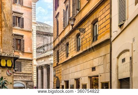Rustic And Traditional Italian Streets With Pantheon In The Background Rome, Italy