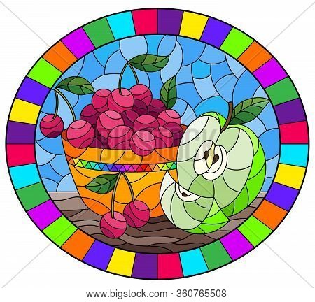 Illustration In Stained Glass Style With Still Life , Apple And A Cherry Berryes  In A Bowl On A Tab