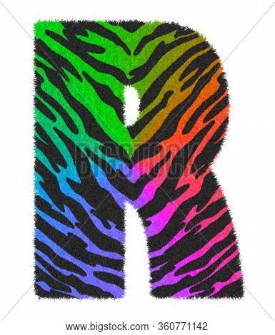 3d Illustration Tiger Black Rainbow Print Letter R, Animal Skin Fur Decorative Character R, Tiger 7 