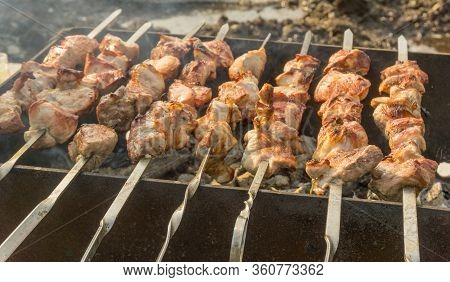 Roast Pork Meat On Skewers Shish Kebab From Meat On Grill