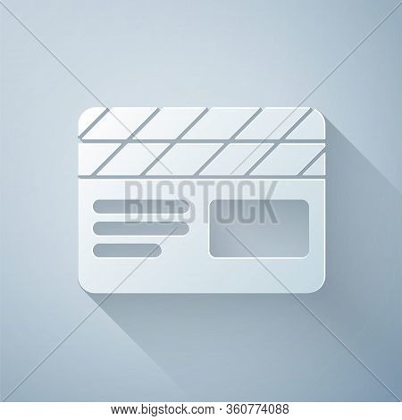 Paper Cut Movie Clapper Icon Isolated On Grey Background. Film Clapper Board. Clapperboard Sign. Cin