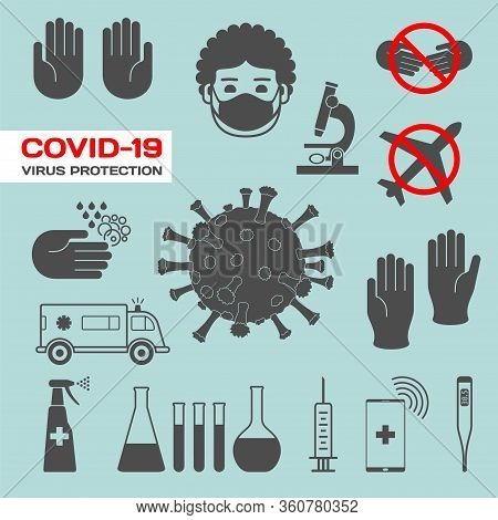 Covid-19. Virus Protection. Medical Mask, Syringe, Aboratory Glassware, Gloves, Thermometer, Ambulan