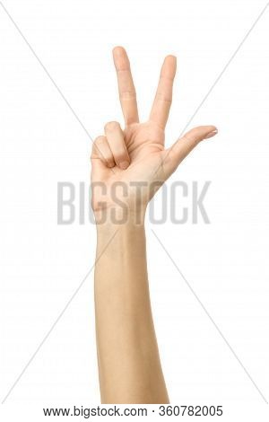 Number Three. Woman Hand With French Manicure Gesturing Isolated On White Background. Part Of Series