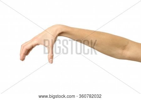 Hand Picking, Holding, Grabbing Or Reaching. Woman Hand With French Manicure Gesturing Isolated On W