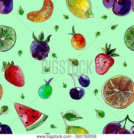 Seamless Summer Pattern Of Fresh Fruit Hand-drawn In Watercolor. Design Of Template, Wallpaper, Cove