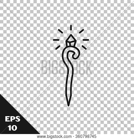 Black Line Magic Staff Icon Isolated On Transparent Background. Magic Wand, Scepter, Stick, Rod. Vec
