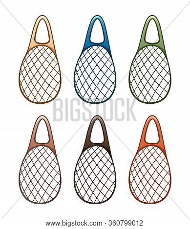 Colored Textile Mesh Ecobags Set Isolated Illustration On White Background