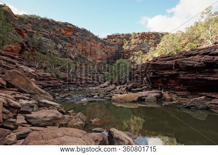The Rocks And Cliffs  With Murchison River Under The Of Z-bend Lookout In Western Australia In Late 