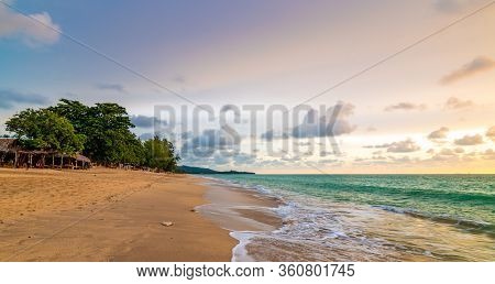 View Of Tropical Beach At Koh Lanta Island, Thailand. Bar On The Beach Are Prepared For Tourist Duri