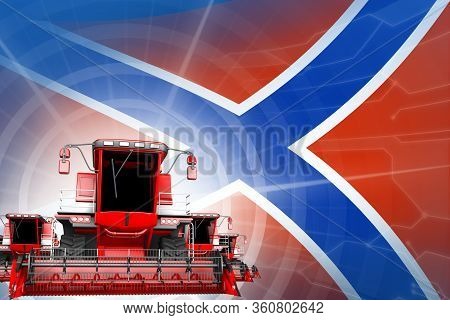 Digital Industrial 3d Illustration Of 3 Red Modern Grain Combine Harvesters On Novorossia Flag, Farm