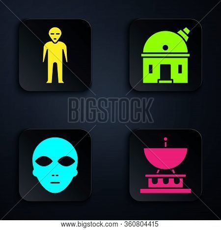 Set Satellite Dish, Alien, Alien And Astronomical Observatory. Black Square Button. Vector