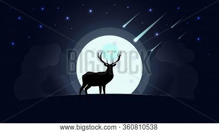 Deer Silhouette On Moon With Falling Star At Starry Night