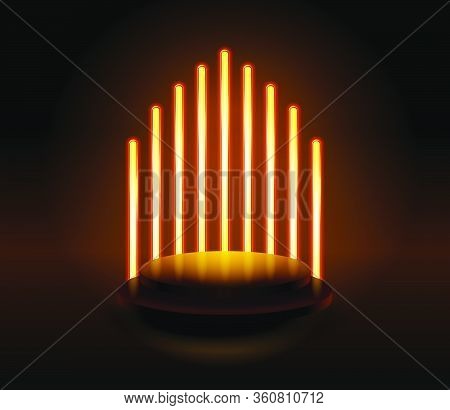 A Round Backlit Stage Made From Yellow Neon Tubes To Present A Product Or Event.
