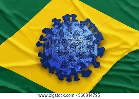 Blue Coronavirus Over Brazilian Flag. Covid-19 Situation In Brazil Related Concepts.