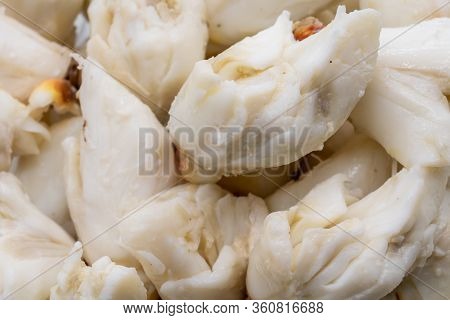 Closed Up Premium Jumbo Lump Of Fresh Blue Crab Meat Isolated On White Background. Selective Focus.