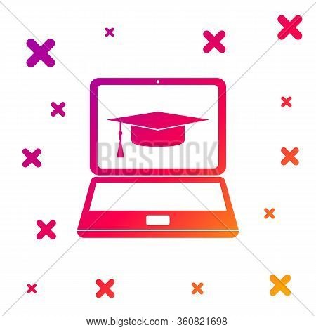 Color Graduation Cap And Laptop Icon Isolated On White Background. Online Learning Or E-learning Con