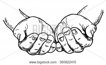 Hands Cupped Together. Sketch Vector Illustration Isolated On White Background. Hand Gesture