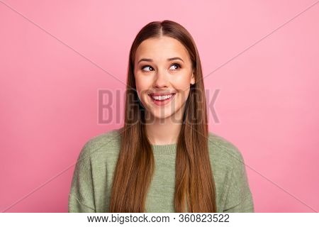 Portrait Of Lovely Pretty Sweet Girl Feel Interested Look Copyspace Dream Dreamy About Fall Fun Week
