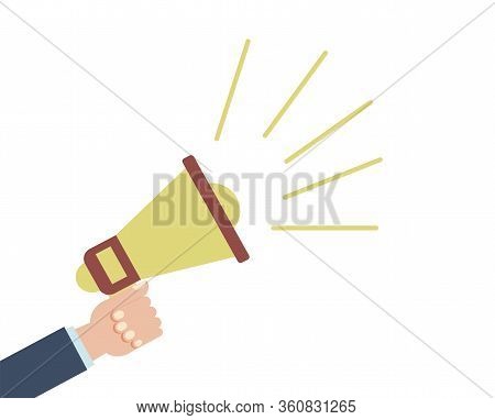 Attention Please. Hand Hold Megaphone. Speaker, Loudspeaker. Advertising And Promotion Symbol. Bullh