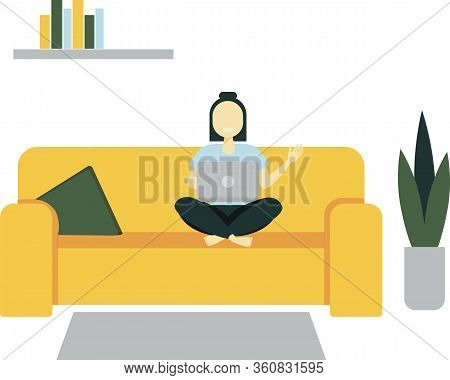 Happy Woman Sitting On Sofa With Laptop. Can Use For Backgrounds, Infographics, Hero Images. Flat St