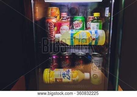 Ufa, Russia, Soda Shop, 3 July, 2019: Grocery Store Shelf With Various Brands Of Soda In Cans. Pepsi
