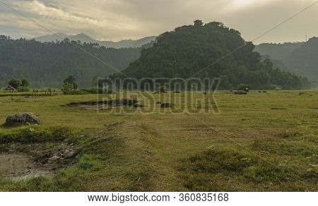 Nature Scene Farmers Land Near Rajabasa Volcano Mountain Seen On A Cloudy Or Hazy Day Near Kalianda