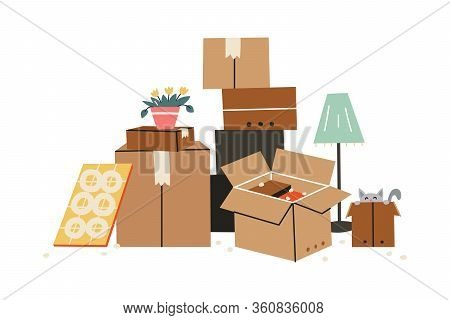 Moving To A New Home. The Family Moved To A New Home. Paper Cardboard Boxes With Various Household I