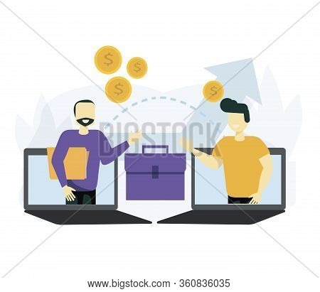 Businessmen Handshake From Laptops And Megaphone. Collaboration And Communication, Corporate And Coo