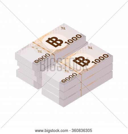 Pile 1000 Baht Banknote Money Thai Isolated On White, Thai Currency One Thousand Thb, Money Thailand