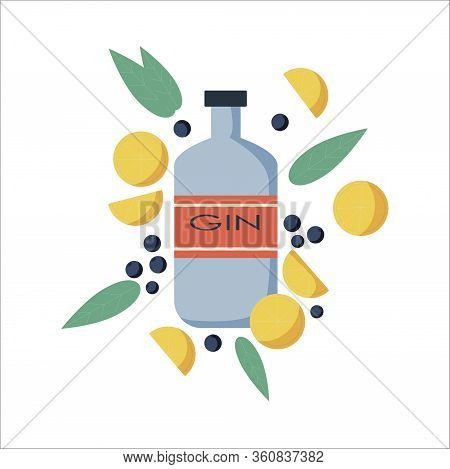 Vector Illustration Of Gin Bottle. Vector Image Of An Alcohol Bottle In Flat Style. Distilled Drink.