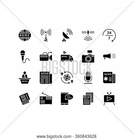 Set Of News, Journalism, Media Icons Including Newspaper, Tv, Microphone, Camera, Breaking News, Art