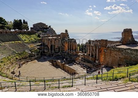 Taormina, Sicily - February 14, 2020: Wide-angle Shot Of Teatro Antico Di Taormina (ancient Amphithe
