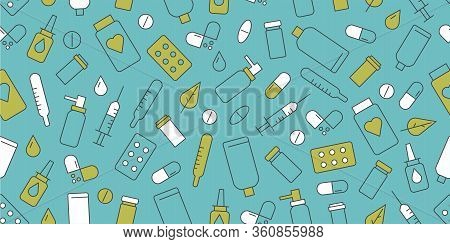 Seamless Pattern Of Medical Drugs Icons, Medkit Items, Cover For Pharmacy Or Hospotal Wallpaper In B