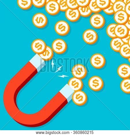Magnet For Money. Coin Attraction. Loadstone Icon In Flat Style, Simple Tool On Color Background. Ve